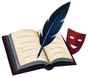 An open book, quill and theatre masks