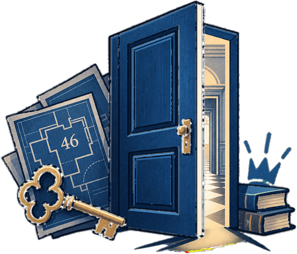 A blue door ajar, with a blueprint, a key, books and a crown