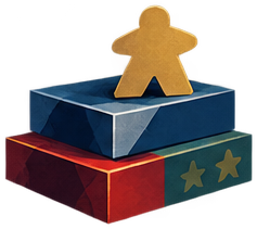 A wooden meeple standing on board game boxes